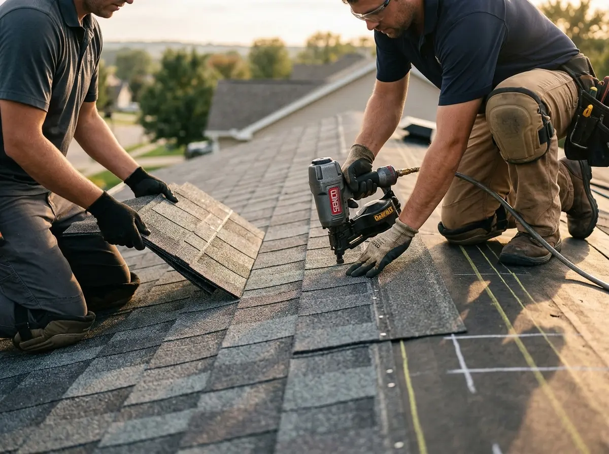 Professional roofer working on a residential roof in Lacy-Lakeview